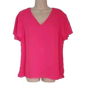 NWT VINCE CAMUTO FUCHSIA V NECK RUFFLED SLEEVE CHIFFON BLOUSE TOP SZ LARGE